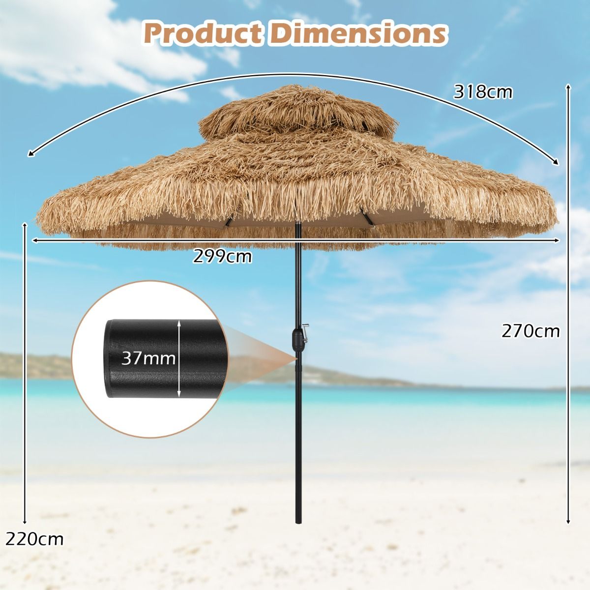 Coast 299 cm Wicker Tiki Parasol Hawaii Double Deck Market Parasol - Natur/Schwarz, Ø 299 cm x 270 cm hoch