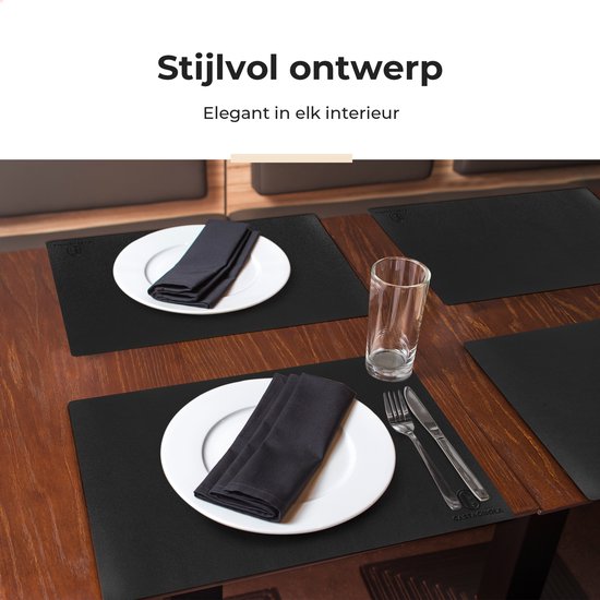 Castagnola Tischsets in Lederoptik - Rutschfeste Tischsets aus Kunstleder - Wasserabweisende Untersetzer - Untersetzer - Plastik Tischsets - 6 Stück - 45 x 30 cm - Schwarz