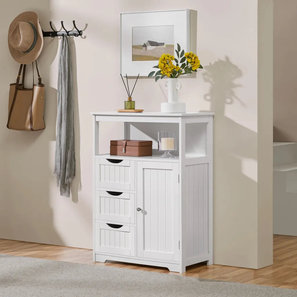 Yaheetech Badezimmerschrank 66 x 35 x 90 cm – Weiß – Aufbewahrungsschrank aus Holz mit 3 Schubladen und verstellbarem Einlegeboden