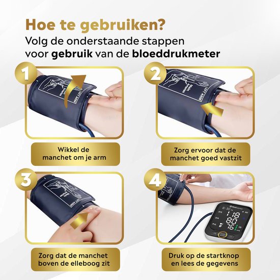 MostEssential Premium Oberarm-Blutdruckmessgerät - Herzfrequenzmesser - 398 Messwerte Speicher - USB-C-Kabel enthalten - 30S