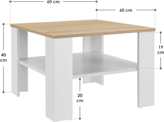 Couchtisch aus Holz - 60 x 60 cm - Weiß / Holzfarbe - 2 Etagen