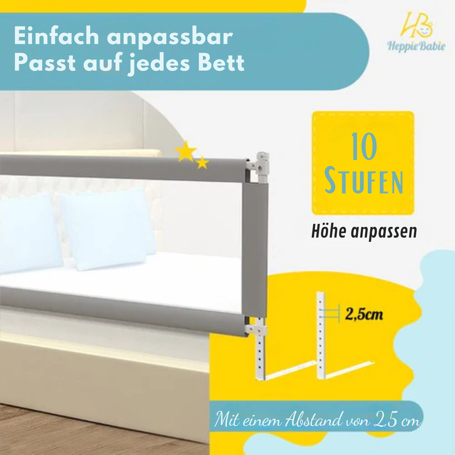 HeppieBabie Bettgitter - Universal - 150 CM - Verstellbar - mit Sicherheitsnetz - Bettgitter - Grau