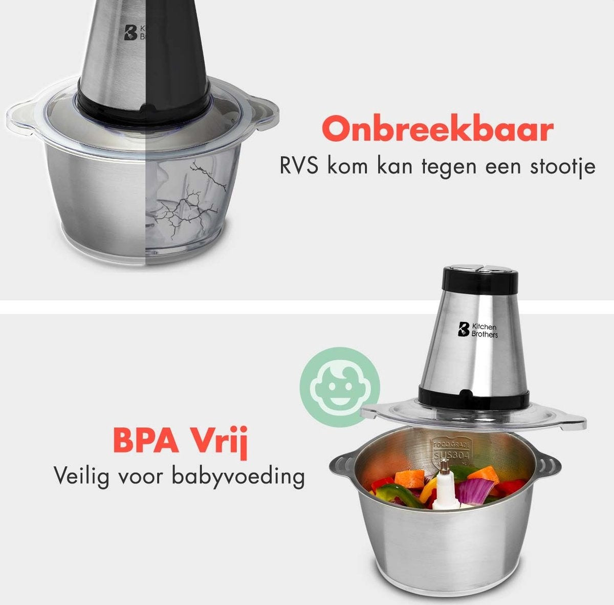 KitchenBrothers Zerkleinerer - Lebensmittelzerkleinerer - Elektrisch - 2 Geschwindigkeiten - 300 W - 1,8 L - Schüssel aus Edelstahl