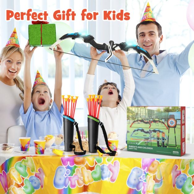 Pfeil und Bogen Set für Kinder mit LED-Beleuchtung - inkl. 20 Pfeile, 2 Trageköcher, Stand- und Hängeziel - Spielset für drinnen und draußen - 110 x 30 cm