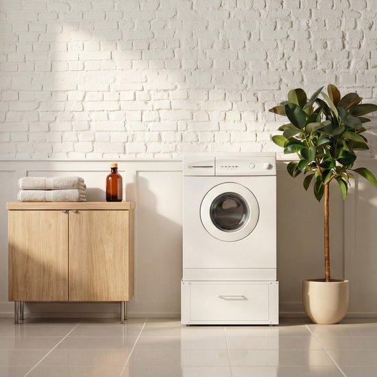 Vonia Waschmaschinenaufzug - Waschmaschinenaufzug mit Schublade - Waschmaschinensockel - Waschmaschinenschrank - Waschmaschinenschrank - 63x54x31 - Weiß