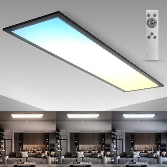 B.K.Licht – Dimmbare Deckenleuchte – LED-Panel schwarz – 25 x 100 cm – mit Fernbedienung – ultraflache Deckenleuchte – CCT – 3.000 bis 6.500 Kelvin – 2.200 lm – 24 W
