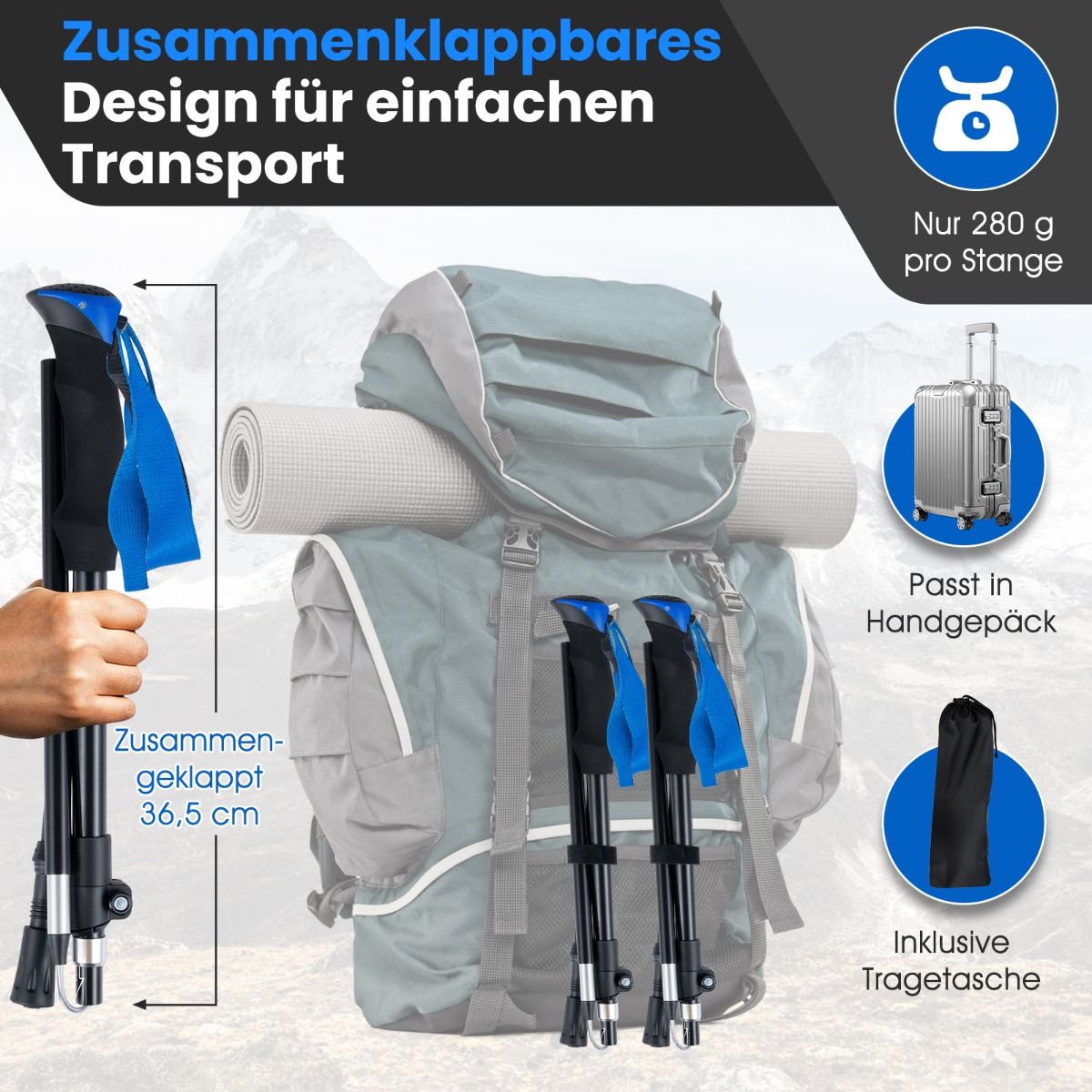 Coast Klappbare Gehstöcke – mit Schnellverschluss – verstellbar von 166 bis 195 cm – blau