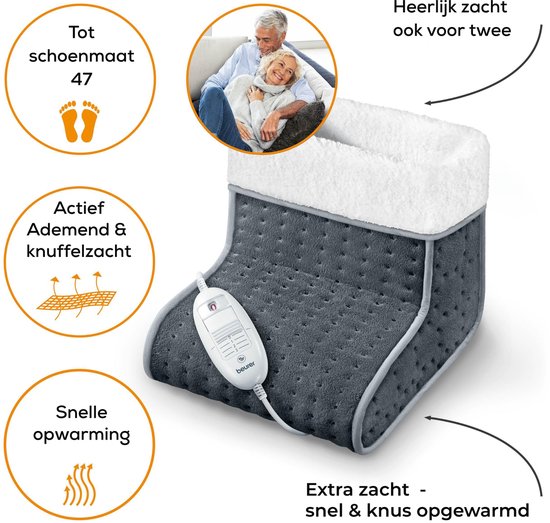 Beurer FW 20 Elektrischer Fußwärmer – 3 Heizstufen – Bis Größe 47 – Schnelle Aufheizung – Automatische Abschaltung – Fleece/Teddy – Maschinenwaschbares Innenfutter – 3 Jahre Garantie – Grau