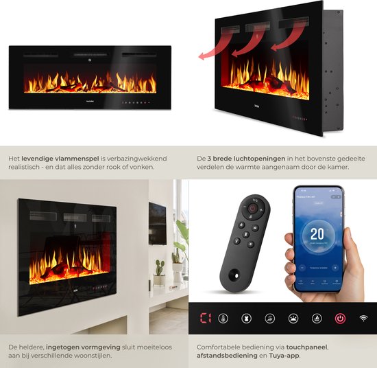 tectake® Wandkamin - Elektrokamin - Atmosphärischer Kamin - 106,5 x 12 x 43 cm - 900W & 1800W - Steuerung per Fernbedienung oder App - mit Thermostat - Ofen - mit Heizung - Kamine - Holz- und Glüheffekte - 3D-Flammen - Timer