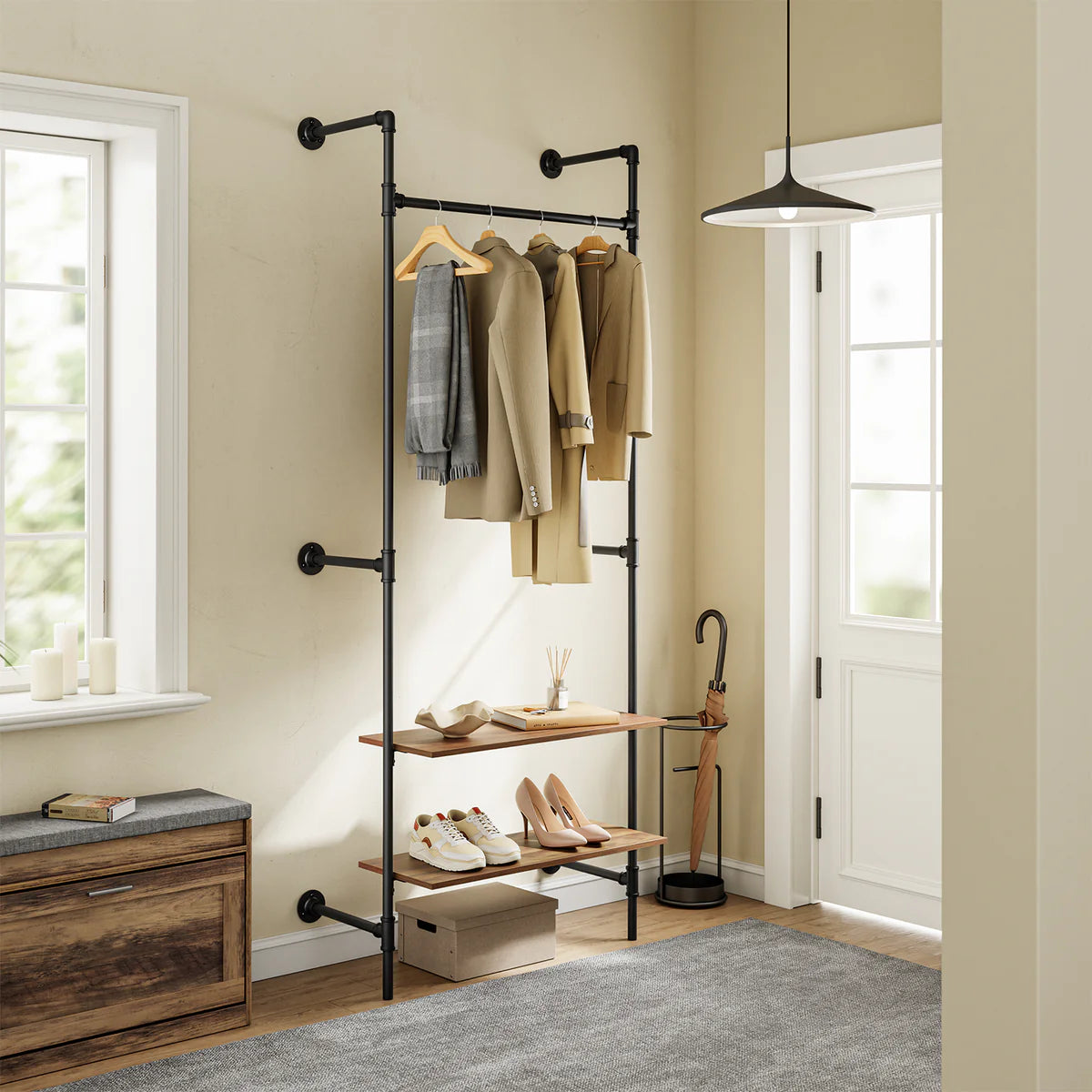 SoBuy KLS20-SCH Kompaktes Wandkleiderständer mit 2 MDF-Regalböden – Industrial Black – 91,5 x 48 x 220 cm