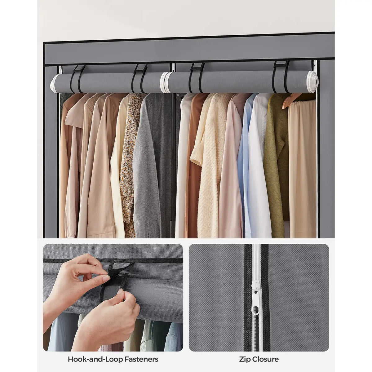 Joyfurnos Faltbarer Stoffkleiderschrank mit doppelter Kleiderstange – 2 Türen – 43 x 140 x 174 cm – Grau