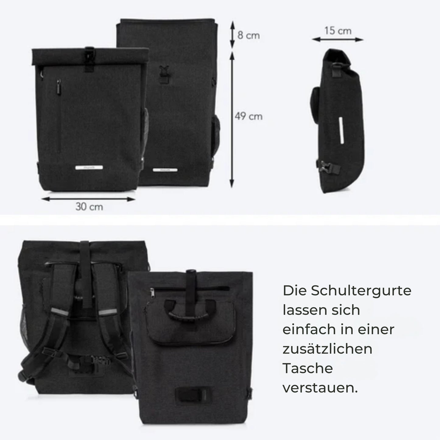 LifeGoods Single Bicycle Bag - Kompakt - Umhängetasche und Rucksack - 25L - Runder Gepäckträger - Wasserdicht - Schwarz