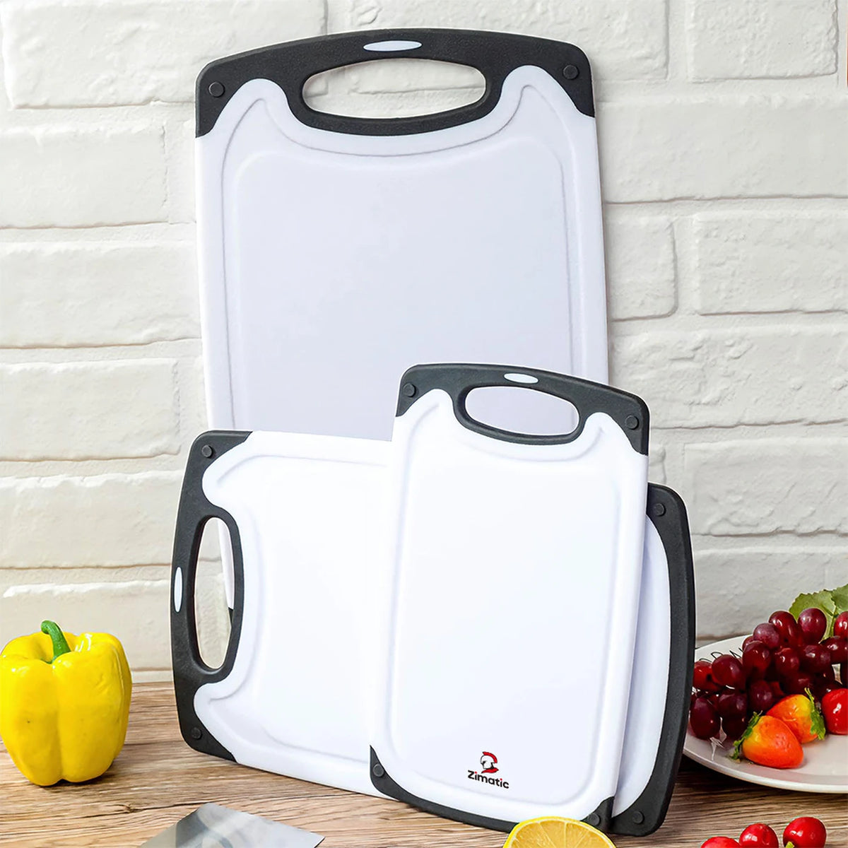 Zimatic Schneidebrett-Set, 3-teilig – Weiß/Schwarz – BPA-frei, rutschfester Griff