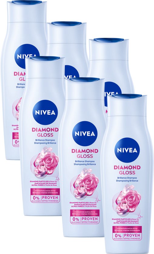 NIVEA Diamond Gloss Care Haarshampoo – mit Diamantpartikeln – Macadamiaöl – Haarshampoo – Vorteilspackung – 6 x 250 ml