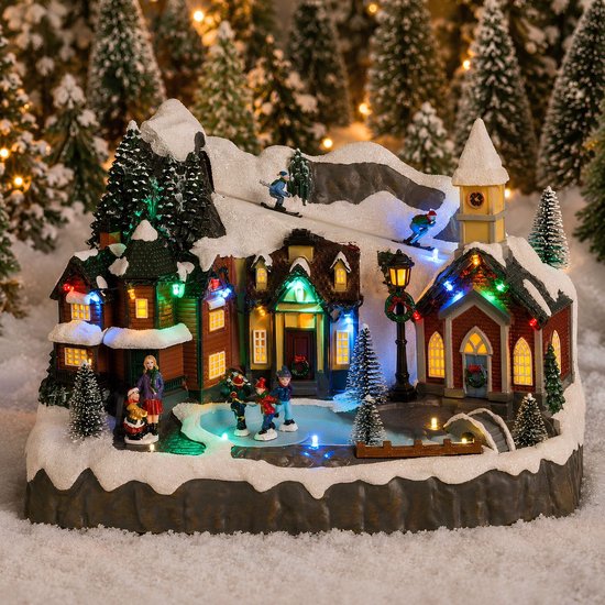 Luville Weihnachtsdorf – Miniatur-Dorfplatz – Weihnachtsdekoration mit Schlittschuh laufenden Bewohnern – Weihnachtsdekoration mit LED-Beleuchtung und sich drehenden Figuren – L 34 x B 18 x H 24 cm – Weiß