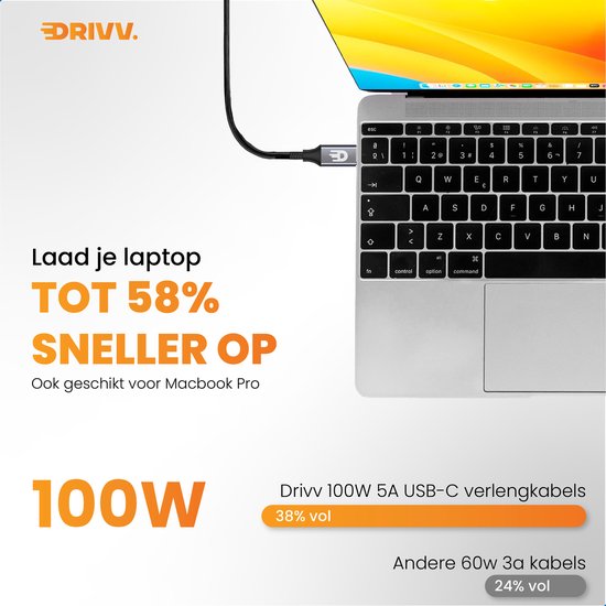 Drivv. USB-C-Verlängerungskabel 3.2 - Stecker auf Buchse - Schnellladung / Schnellladegerät - USB-C-Daten- und Ladekabel - 3 Meter - Geeignet für Samsung, iPhone 15 & mehr - Grau