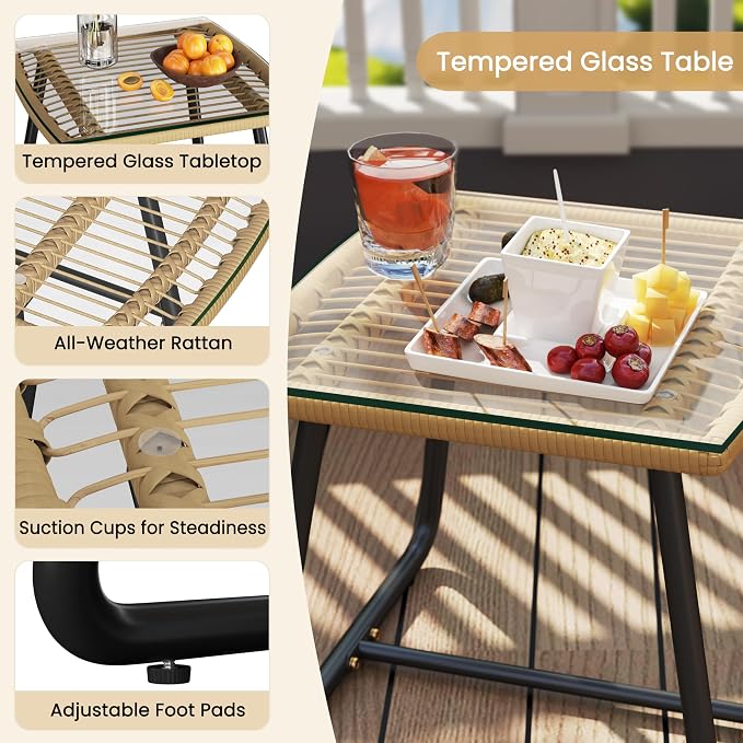 Yaheetech 3-teiliges Bistro-Set für den Garten – Beige/Schwarz – Rattan-Gartenset mit Glastisch und 2 Stühlen
