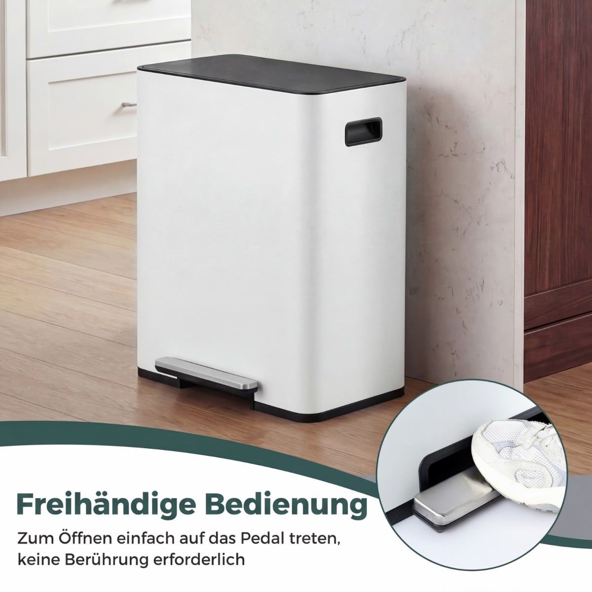Coast Mülleimer mit Pedal – 2 Fächer – Soft-Close-Deckel – 60 Liter – weiß