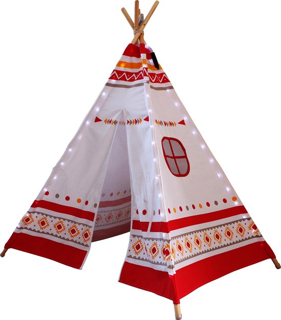 Sunny LED-Tipi-Zelt Rot/Weiß – 60 LED-Lämpchen – FSC-zertifizierte Holzstangen – 120 x 120 x 160 cm