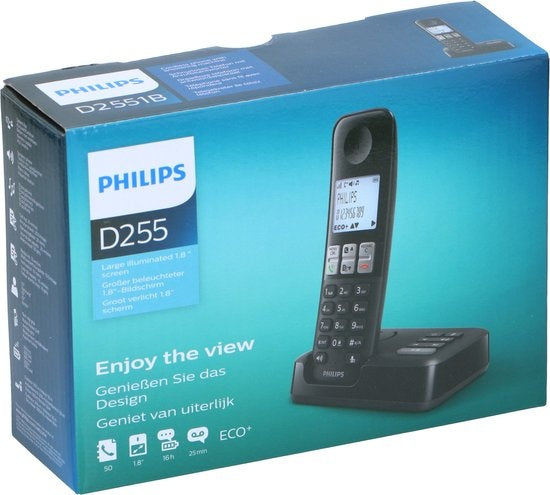 Philips D2551B/01- Schnurloses DECT-Telefon mit 1 Mobilteil mit Anrufbeantworter, 50 Namen/Rufnummern und Anrufer-ID - Schwarz