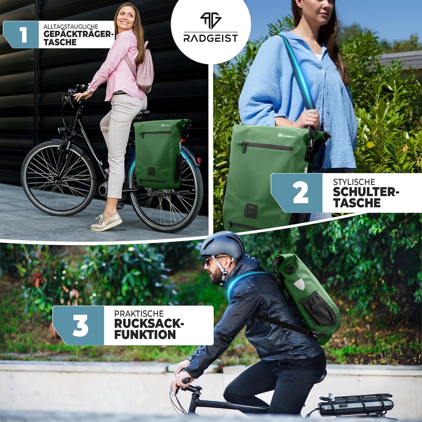 RADGEIST 3in1 Fahrradtasche für Gepäckträger I Fahrradtasche, Rucksack & Umhängetasche 18-22L I Tasche für Fahrrad 100% wasserdicht grün