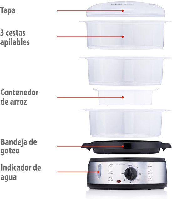 alpina Dampfgarer 9 l – Dampfgarer 800 W – Dampfgarer mit Timer und Warmhaltefunktion – 3-Etagen-Gemüsedampfgarer – Dampfgarer für Gemüse, Reis, Hähnchen, Obst, Fisch und Eier – Edelstahl