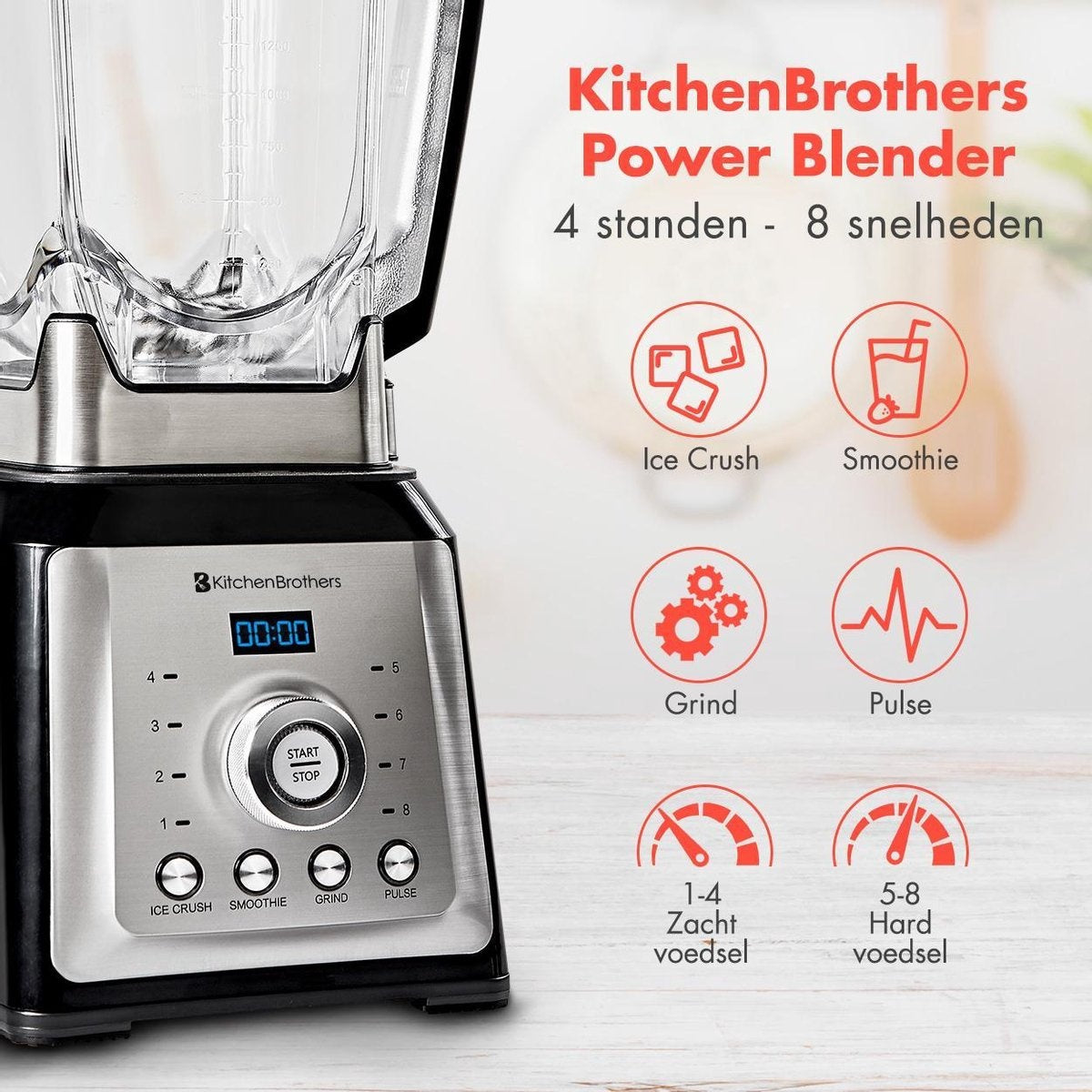 KitchenBrothers - Power Blender - Mixer - 2000W - 2L - Smoothie Maker - 8 Stufen/4 Geschwindigkeiten - Edelstahl