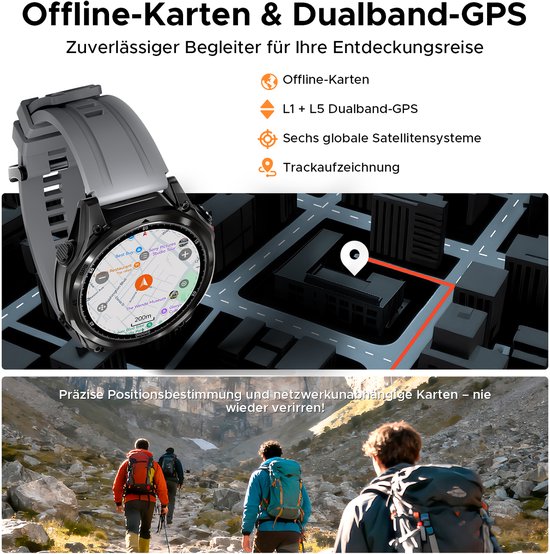 DOOGEE Anywise W1 Pro – Militär-Smartwatch – KI-Sprachsteuerung – 5 ATM – Dual-Band-GPS – Offline-Karten – 170 Sportmodi – 1,43 Zoll AMOLED – Fitness-Tracker – Anrufe tätigen und empfangen – 18 Tage besonders lange Akkulaufzeit – Taschenlampe – Kompatibel