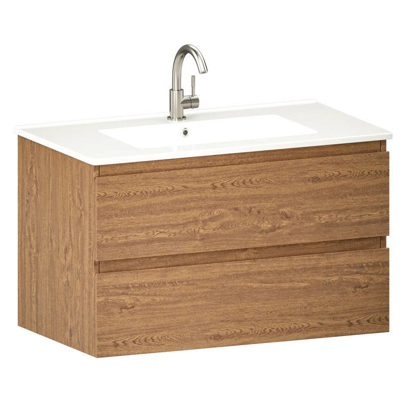 Mirlux Badezimmerschrank Luma 80 cm – Warme Eiche – Weißes Waschbecken