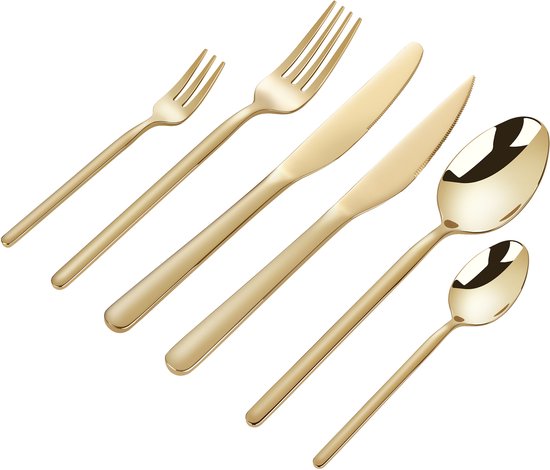 Deleca 6 Personen Luxus-Edelstahl-Besteck-Set Amor (36 Teile) - Löffel, Messer, Gabeln, Steakmesser & Kuchengabeln - spülmaschinenfest - Gold-Design-Besteck - 18/0 Edelstahl