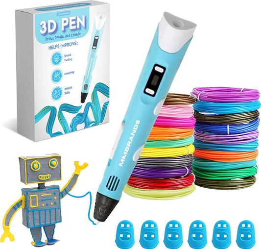 MM Brands - 3D Stift - Starter Pack - inkl. 100m Filament in 10 Farben - Extra langes Ladekabel - Geeignet für ABS & PLA Filament - Blau