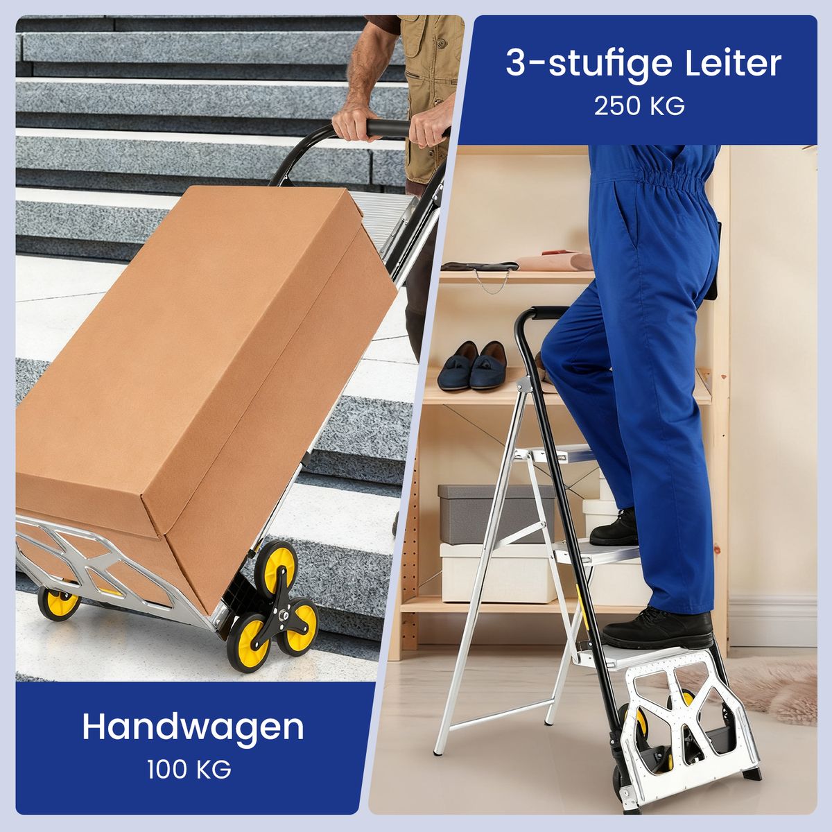 Coast – Zusammenklappbarer 2-in-1-Transportwagen und Dreistufen-Leiter – Aluminium – für hohe Belastungen – silber/schwarz