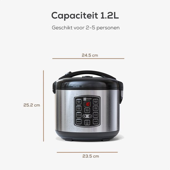 KitchenLove Reiskocher mit Dampfgarer - 1.2L - Multikocher - Reiskocher - Slow Cooker - 2 bis 5 Personen - Schwarzer Edelstahl