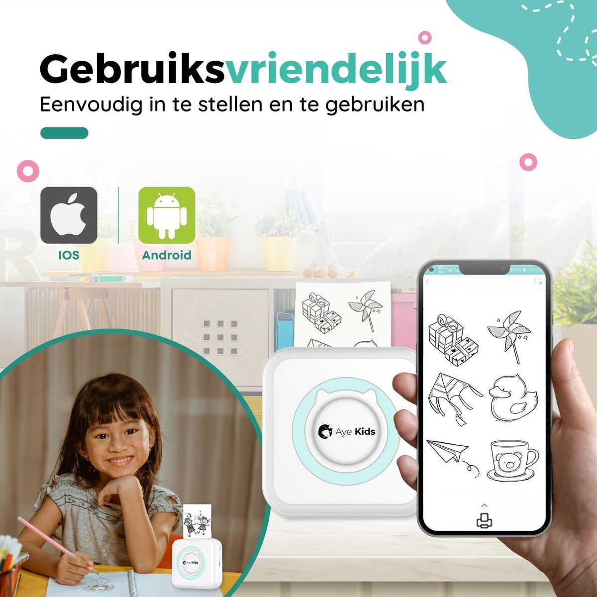 AyeKids Fotodrucker - Bluetooth - Kabellos - Inkl. 1 Rolle Fotopapier - Mini-Drucker - Taschendrucker - Blau