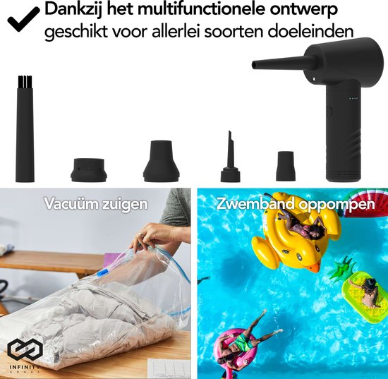 Infinity Goods 4-in-1 Luftgebläse - Druckluft - 53K RPM - Blasen und Saugen - Druckluft - Kabellos und wiederaufladbar - Schwarz
