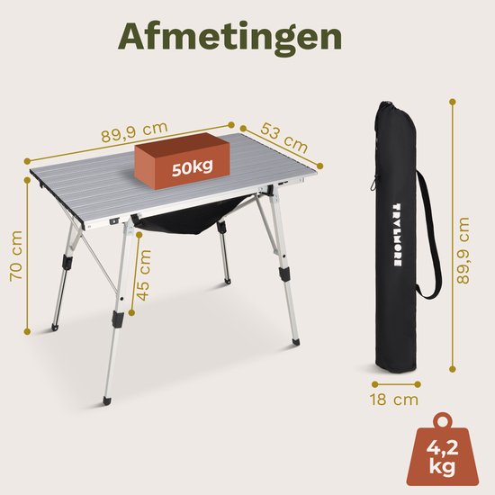 TRVLMORE Campingtisch Verstellbar - 90x52x71cm - Klapptisch mit Aluminiumrahmen - Leichtgewicht - Campingtisch - Klapptisch - Silber
