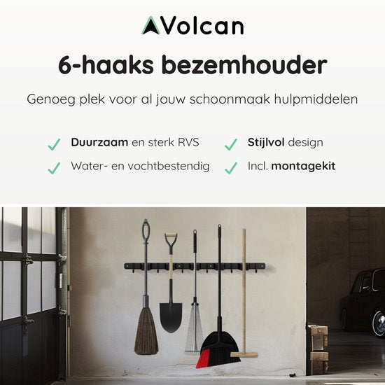 Volcan Besenhalter - Besen Aufhängesystem Gartengeräte - Werkzeughalter - 3M Band - 5 Halter 6 Haken - Edelstahl Schwarz