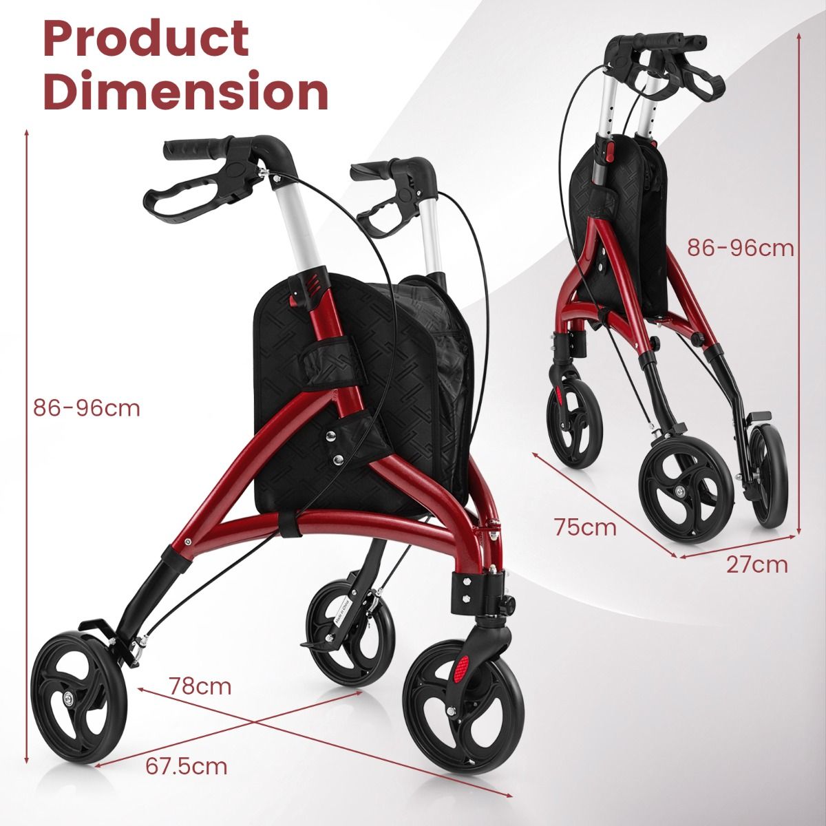 coast walker for seniors - Faltbarer Rollator Rot - Aluminiumrahmen - 78x67.5x86-96 cm - 20 cm Räder