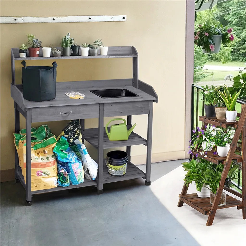 Yaheetech Beistelltisch mit Spülbecken 114,8 x 45 x 121 cm – Grau – Pflanzen-Tisch aus Holz mit Schublade und verstellbarem Regalboden