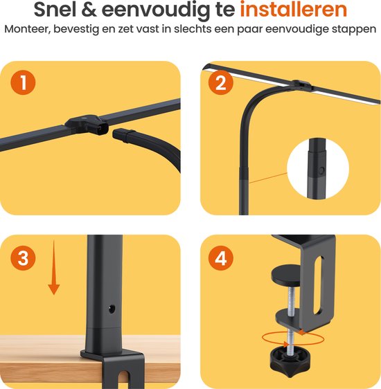 Goliving Schreibtischlampe mit Klemmhalterung XL - 78 CM - LED dimmbar mit Fernbedienung - Klemmhalterung - Tischlampe - Leselampe - Flexibel - LED Lampe - Touch Control - Softclose - Schwarz
