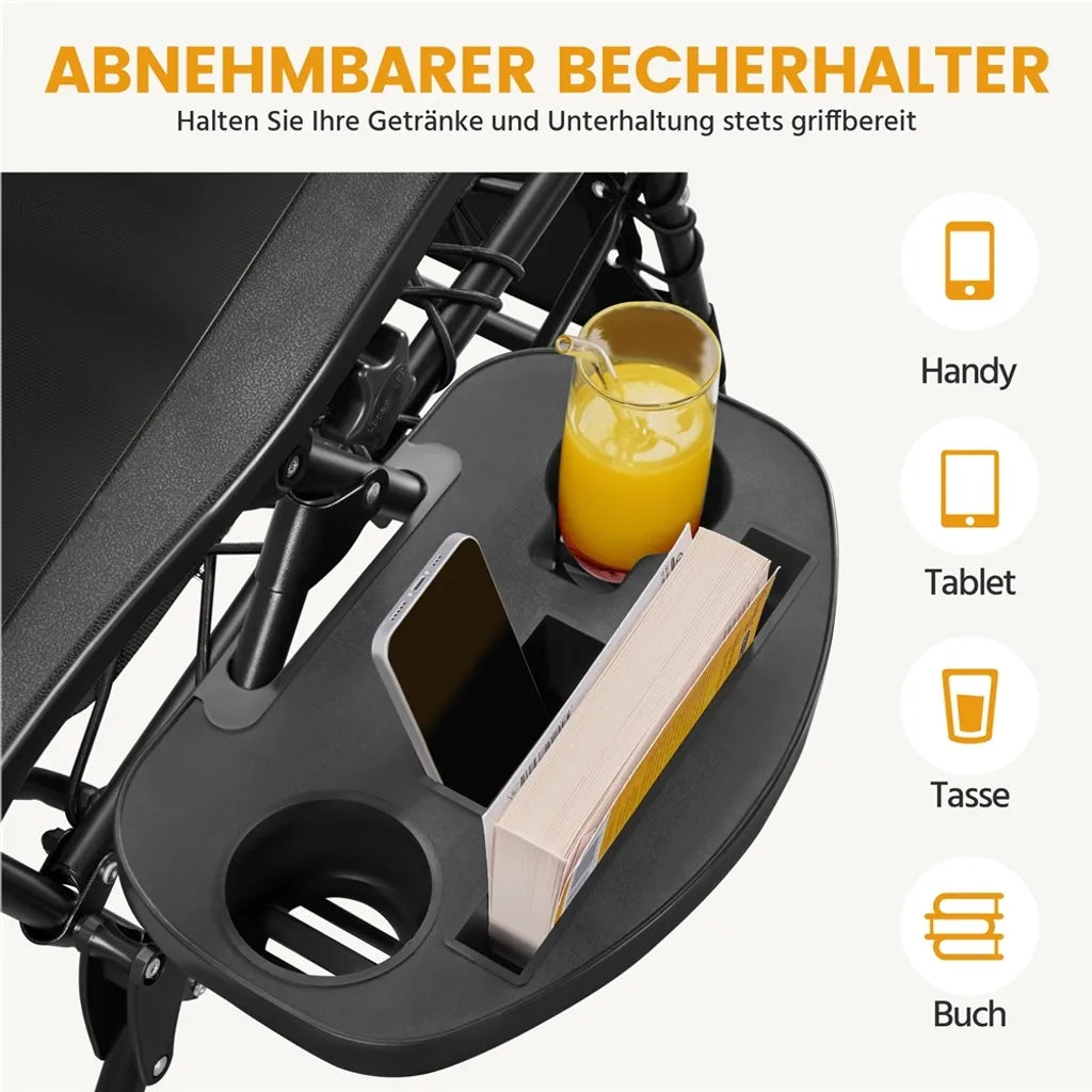 Yaheetech 2er-Set Zero-Gravity-Liegestühle – Schwarz – Zusammenklappbare Liegestühle mit Kopfkissen und Getränkehalter