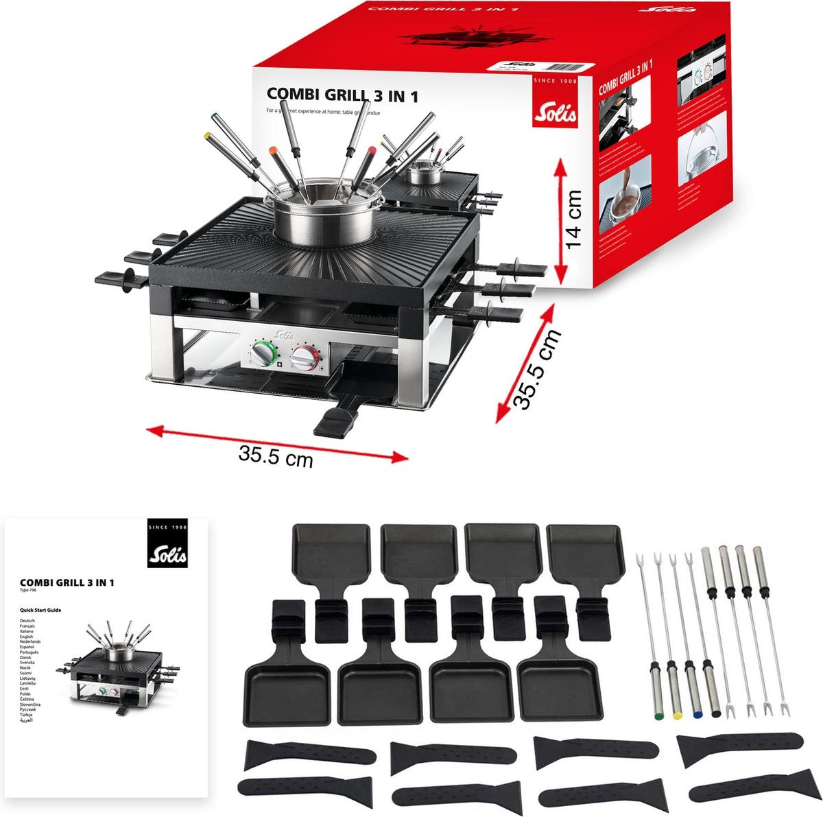 Solis - Combi Grill 3 in Set - 8 Personen - Raclette und Fondue Set - Silber/Schwarz
