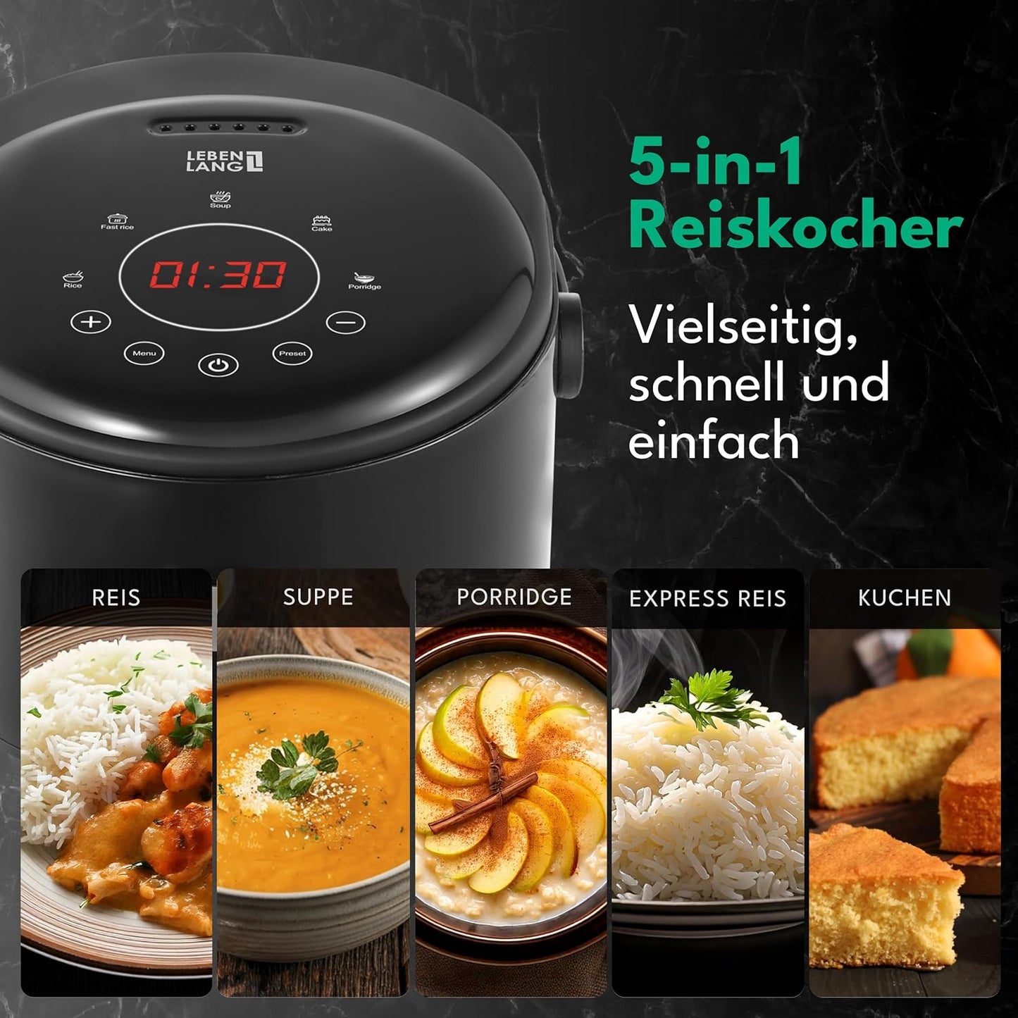 LEBENLANG Digitaler Reiskocher 0.8L - 400W - Schwarz - 30x26x22 cm - Mit Timer, Heizfunktion, Messbecher & Reislöffel