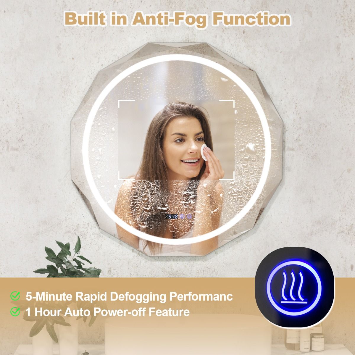 Coast LED-Badezimmerspiegel 76x76 cm Silber/Weiß mit Anti-Beschlag, Beleuchtung, Uhr und Temperaturanzeige