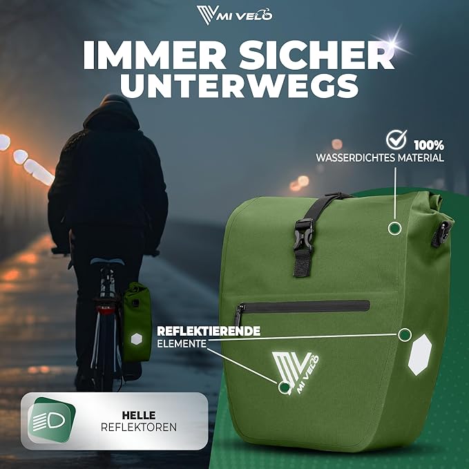 MIVELO Fahrradtasche – 2in1 Gepäckträgertasche & Schultertasche – 20 Liter – Olivgrün