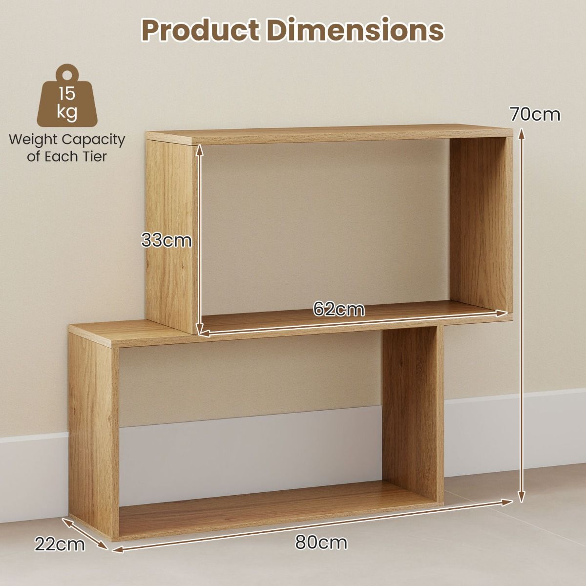 Coast Bücherregal – 3-stöckiges geometrisches Design – 2 würfelförmige Fächer – Naturholz