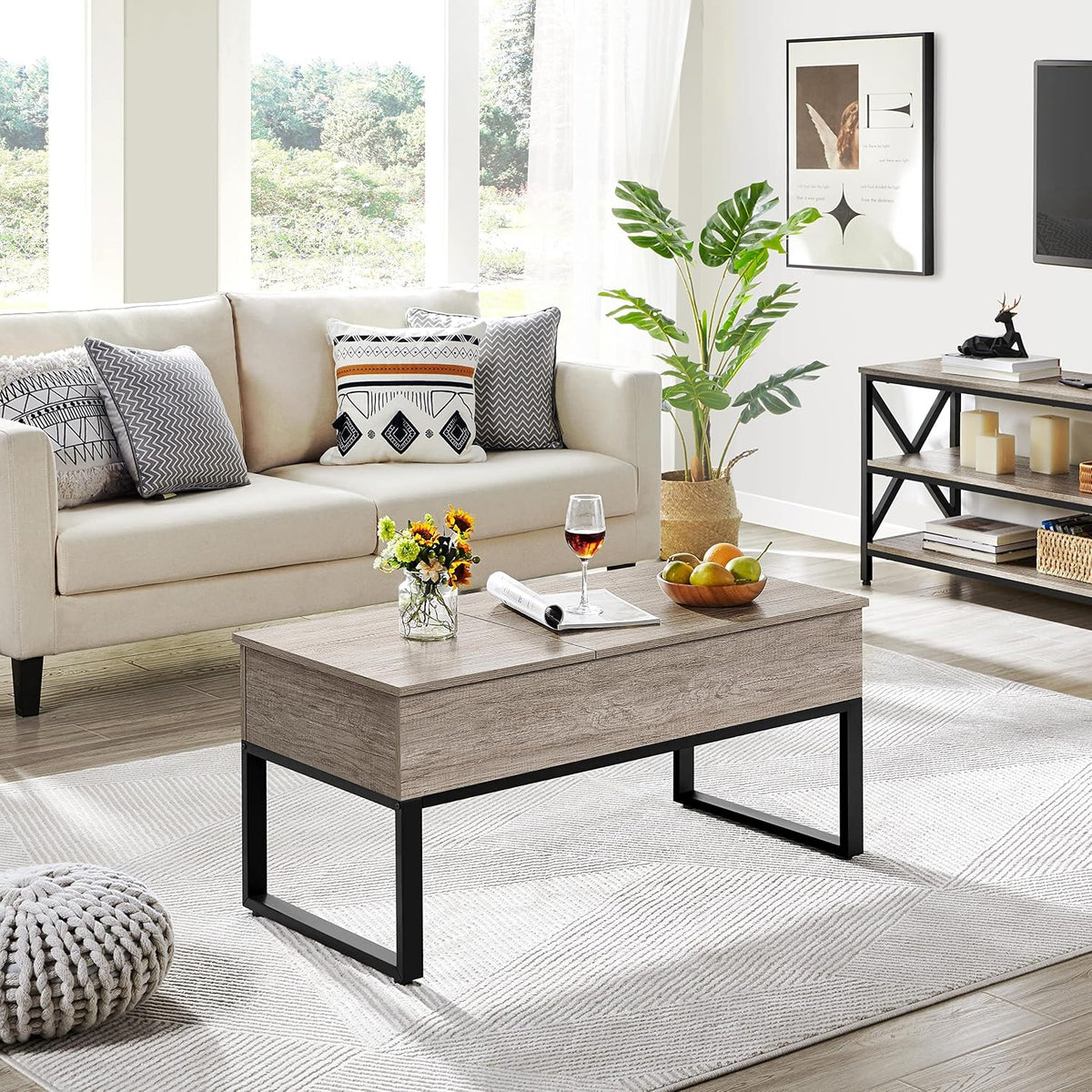 Yaheetech Couchtisch mit hochklappbarer Platte und verstecktem Stauraum – 105 x 50 x 61 cm – Grau