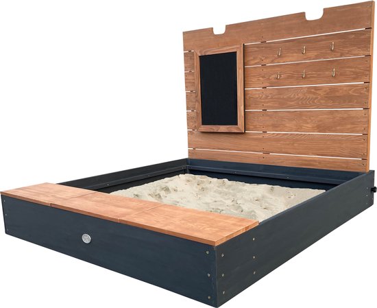 AXI Mandy XL Sandkasten 130 x 120 cm mit Stauraum und Deckel, anthrazit/braun – Mit Sitzbank und Kreidetafel – Inklusive Bodenplane – 10 Jahre Garantie!