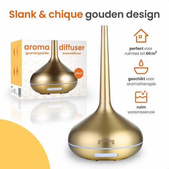 Goliving Aroma Diffuser - Luftbefeuchter - Aromatherapie - Inkl. 2x ätherisches Ã–l - 10 LED Farben - Duftdiffusor - Gold