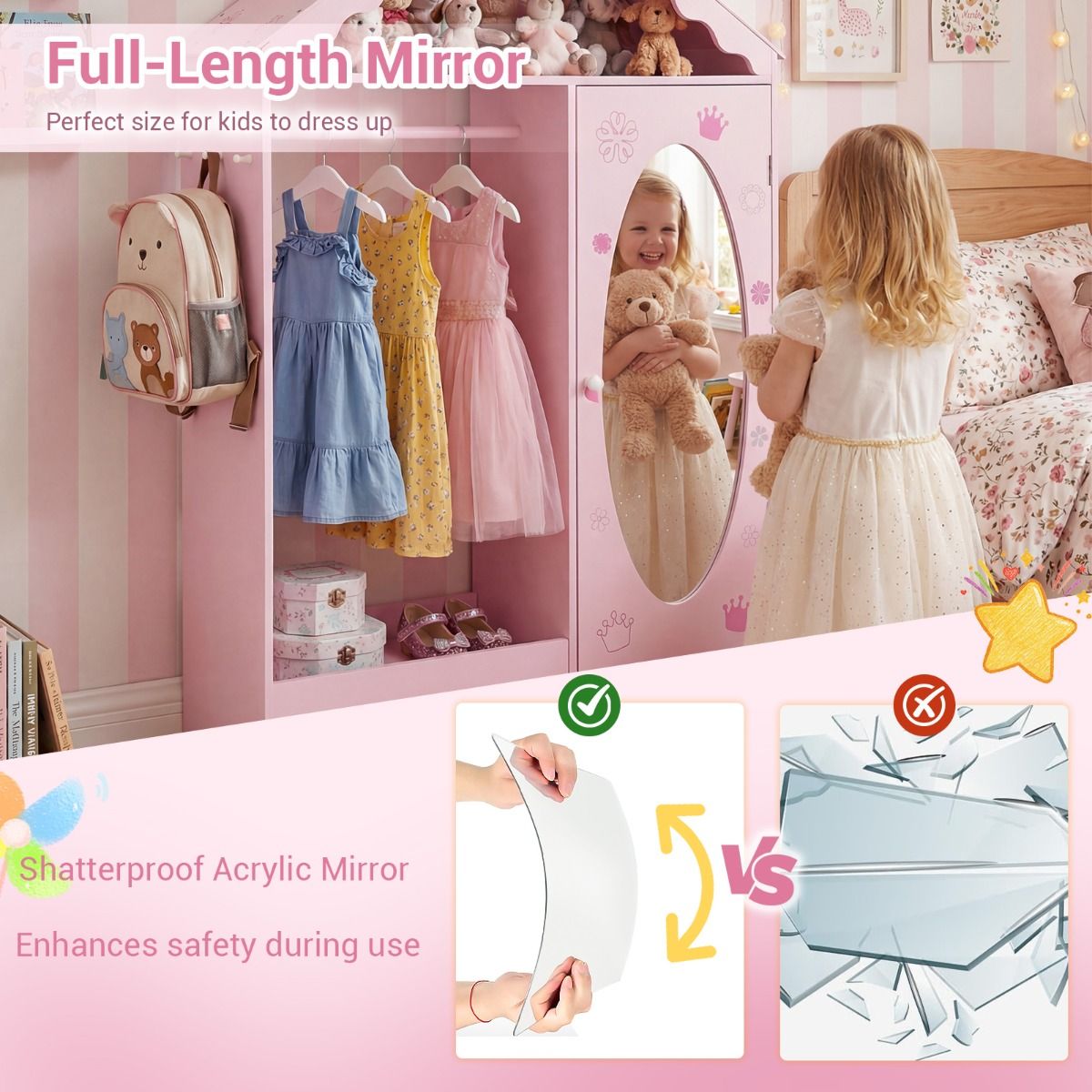 Coast Kinderkleiderschrank mit Spiegel – Dachförmiges Design mit Kleiderstange, Regalböden und Haken – 85,5 x 30 x 121 cm – Rosa